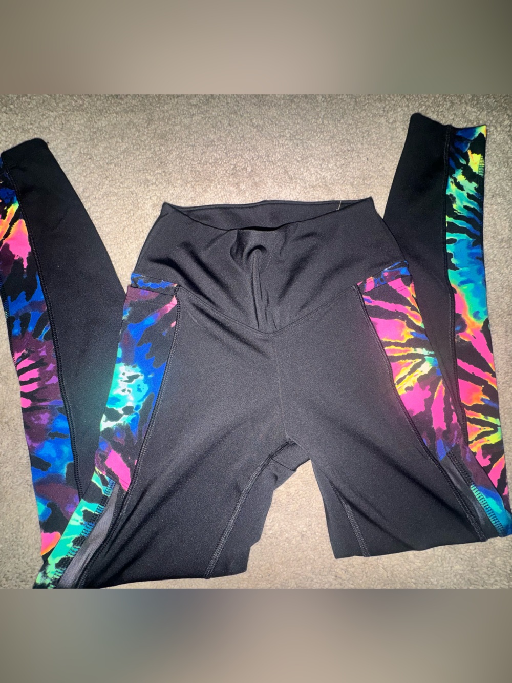 Girls' Black Leggings with Rainbow Tie-Dye Panels